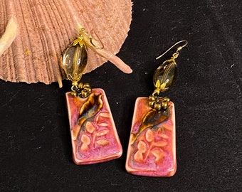Bird ceramic tile earrings, artisan earrings, red earrings, tile earrings, gold earrings, bird earrings, woodland animal, long earrings