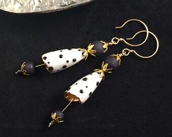 Dalmatian cap porcelain earrings, artisan earrings, black and white earrings, porcelain earrings, gold earrings, gift from daughter, mom