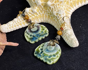 Earthy earrings, ceramic earrings, artisan earrings, hand made earrings, hand beaded earrings, green earrings, hippie earrings, gift for mom