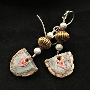 Artisan porcelain earrings, porcelain heart earrings, heart earrings, artisan earrings, silver earrings, black opal earrings, wife gift
