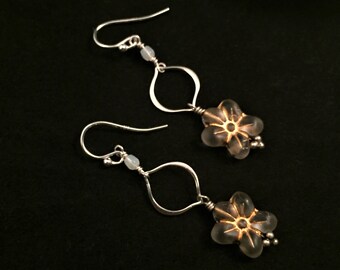 Champagne flower earrings, sterling silver earrings, bridal earrings, flower earrings, gardener gift, artisan earrings, floral earrings