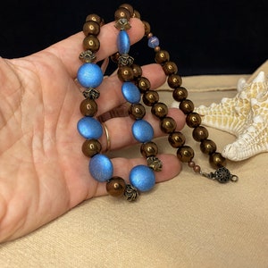 Brown and blue necklace, artisan necklace, hand beaded necklace, Czech glass, hand made necklace, artist designed, bronze necklace