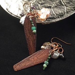 Etched copper earrings, seaweed earrings, sea treasures earrings, copper earrings, emerald earrings, pearl earrings, gemstone earrings