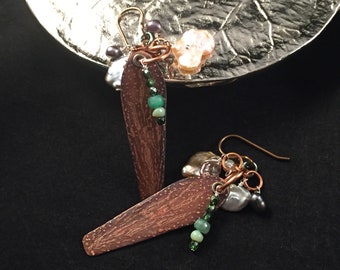 Etched copper earrings, seaweed earrings, sea treasures earrings, copper earrings, emerald earrings, pearl earrings, gemstone earrings