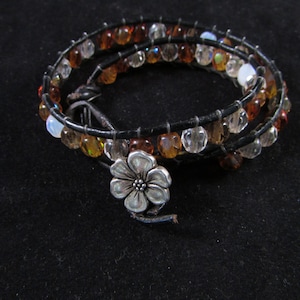 Brown wrap bracelet, wrap bracelet, beaded leather wrap bracelet, brown bracelet, hand beaded leather wrap bracelet, flower bracelet, gift