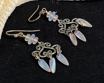 Pink chandelier earrings, boho earrings, sterling silver earrings, hand made earrings, pink earrings, bridal earrings, prom earrings