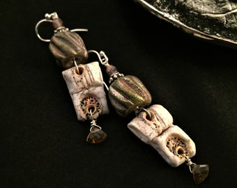 Raku and porcelain earrings, fine porcelain earrings, artisan earrings, tourmaline earrings, avant garde earrings, sterling silver earrings