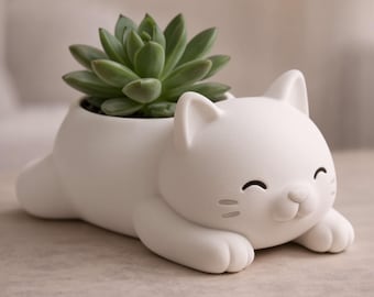 Vaso per fiori a forma di gatto Kawaii (sdraiato) | Vaso per piante a forma di gattino felice | 3 misure