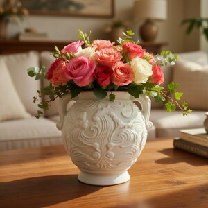 May include: A white ceramic vase with a detailed relief pattern holds a vibrant bouquet of pink, red, and peach roses, accented with green foliage. The vase sits on a wooden table, creating a warm and inviting floral arrangement.