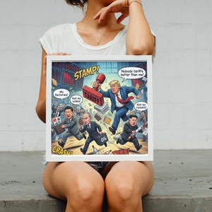 以下が含まれることがあります： 世界のリーダーの風刺画が描かれたコミック風プリント。 「TARIFF」と書かれたスタンプが押され、吹き出しと「CRASH」という言葉が描かれています。 プリントは人が持っています。