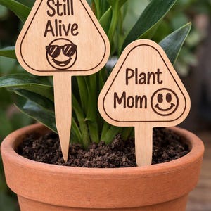 Puede incluir: Dos marcadores de plantas de madera en una maceta de terracota. Un marcador dice "Still Alive" con gafas de sol, el otro dice "Plant Mom" con una carita sonriente. Se ven hojas verdes de plantas en el fondo.