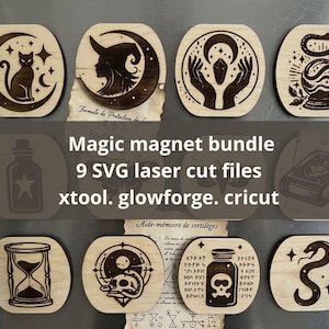 May include: A collection of nine wooden magnets with engraved magical designs, including a cat, witch, hands, snake, hourglass, skull, and potion bottle. The text "Magic magnet bundle" and "9 SVG laser cut files" are visible.