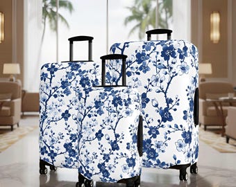 Blue Cherry Blossom Luggage Covers, Stretch Suitcase Protector, Carry-On & Checked Bag Cover Set, Unique Travel Gift