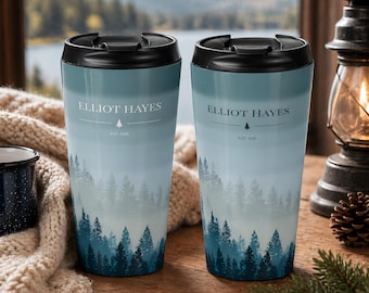 Taza de viaje personalizada Bosque de Pinos Brumosos, 443 ml, acero inoxidable, taza de café con nombre personalizado, vaso térmico, regalo para aventureros