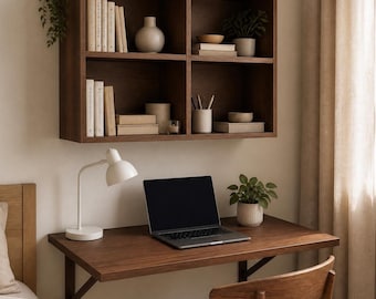 Wall Mounted Folding Desk with Bookshelf, Floating Desk, Foldable Workstation, Home Office Table, Small Space Furniture ,Apartment Furniture