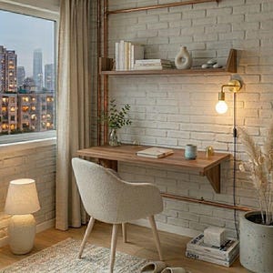May include: A modern home office setup featuring a wooden desk and matching floating shelf against a white brick wall. A beige chair, a lamp, and a window with a city view complete the scene. A decorative light fixture is mounted on the wall.