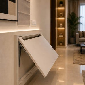 May include: A white, wall-mounted, folding table is partially open, revealing its interior support structure. The table is installed on a light-colored wall, with a recessed light fixture above it. The room has a modern design.