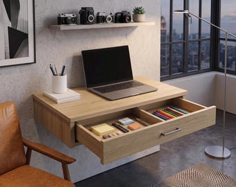 Wall Mounted Floating Desk with Keyboard Tray, Space-Saving MDF Computer Desk for Home Office, Small Space Workstation, Small  Study Rooms