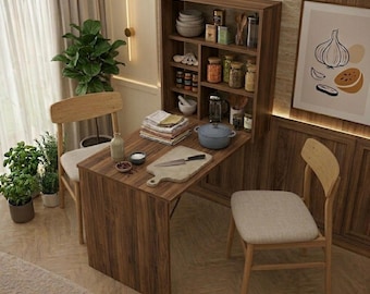 Wall-Mounted Folding Table with Shelves – Space-Saving Dining & Study Desk, Murphy Table, Foldable Desk for Small Room, Modern Dining Work