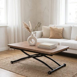 May include: A wooden coffee table with a black metal frame. A white vase with dried plants and two books are on the table. A white sofa and beige cushions are in the background. The table is on a woven rug.