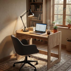May include: A wooden desk with a black adjustable lamp, laptop, and a cup of coffee. A gray office chair sits in front of the desk. A small potted plant and books are also on the desk. The desk is in a room with a window and a bookshelf.