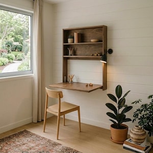 Mesa plegable de pared con estantes: escritorio Murphy que ahorra espacio para comer, trabajar y estudiar.