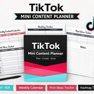 May include: A TikTok Mini Content Planner with a black, pink, and blue cover, surrounded by planning pages. The planner includes sections for weekly content, post ideas, and hashtag tracking. A coffee mug, pen, and earbuds are also visible.