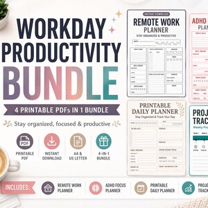 May include: A bundle of printable PDF planners for productivity. Includes a remote work planner, ADHD focus planner, daily planner, and project tracker. The bundle is designed to help users stay organized, focused, and productive. The text on the image says "Workday Productivity Bundle".