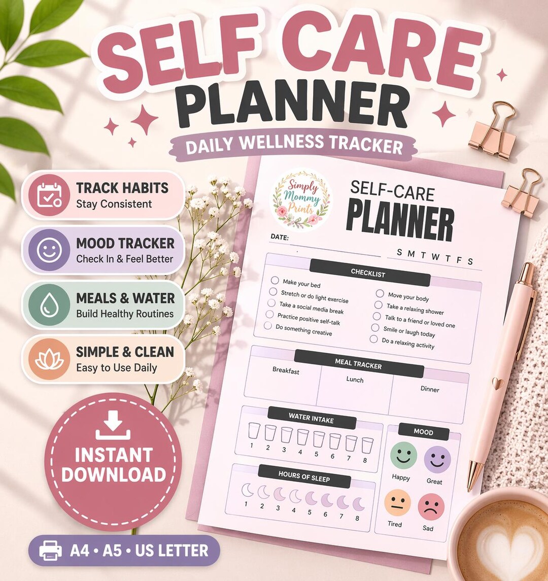 Self Care Planner Printable | Daily Wellness, Habit, Mood Tracker ...