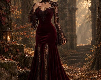 Abito gotico bordeaux, abito vittoriano in pizzo, abito dark romance, abito fantasy medievale, costume rinascimentale, abito da sposa gotico