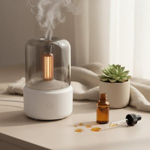 Peut inclure: Un diffuseur d'huiles essentielles blanc et gris avec un couvercle en verre, émettant de la vapeur. Une bouteille en verre ambré, une pipette et une petite plante succulente dans un pot beige sont à proximité. Le diffuseur a un bouton d'alimentation.