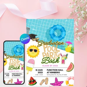 May include: A colorful graduation pool party invitation with a blue pool background, featuring a smartphone displaying the invitation. The design includes a sun, ice cream, watermelon, and text that reads "Graduation Pool Party Bash".