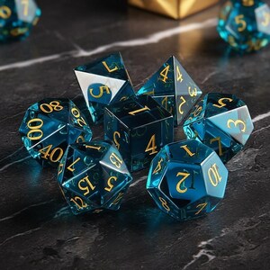 Oceanic Teal Glass Dice Set, Sharp Edge Translucent Gold Inked Gaming Tools