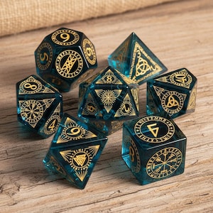 Teal Runic Resin Dice Set, Engraved Viking Sigil Sharp Edge Polyhedrals for Druids