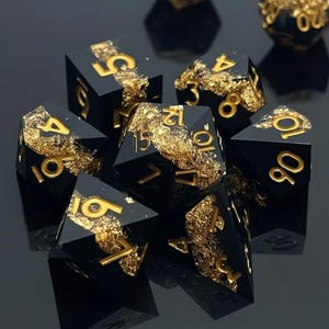 DnD Polyhedral Dice Set, Black and Gold Gilded (Sharp Edge D20)