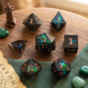 Shadow Moss Resin Dice Set, Iridescent Green Inclusions with Copper