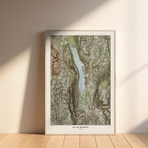 Peut inclure: Impression encadrée d'une carte topographique du lac du Bourget, en France. La carte présente une représentation détaillée du lac et du terrain montagneux environnant, avec des nuances de vert, de brun et de bleu. L'impression est dans un cadre en bois clair.