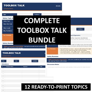 May include: A complete toolbox talk bundle with 12 ready-to-print topics. The image features a black background with white text that reads "COMPLETE TOOLBOX TALK BUNDLE". The bundle includes safety reminders and discussion notes.