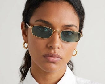 Prada Gold Rectangular Vintage Style Frame - Petrol Green Lens -Unisex Sunglasses