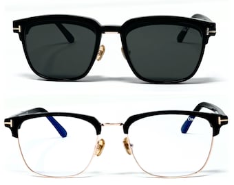 Tom Ford Clip-On Eyeglasses TF 5683-B 001 / Black & Gold Clubmaster Unisex Eyeglasses / Magnetic Clip