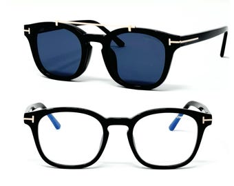 Tom Ford Clip-On Eyeglasses TF 5532-B 01 / Black Square Unisex Eyeglasses / Blue & Gold Magnetic Clip