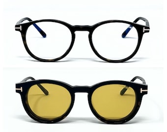 Tom Ford Clip-On Round TF 5823-H-B / Tortoise Round Unisex Eyeglasses / Magnetic Yellow Clip