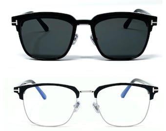 Tom Ford Clip-On-Brille TF 5683-B 005 / Schwarze und silberne Clubmaster Unisex-Brille / Magnetclip