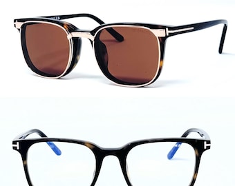 Tom Ford Clip-On Square TF 5016 / Tortoise Square Unisex Eyeglasses / Brown & Gold Magnetic Clip