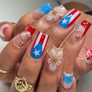 May include: A set of long, sculpted fingernails with a variety of designs. Some nails feature the Puerto Rican flag, while others have 3D flower accents and dice. The nails are painted in shades of red, white, blue, and nude.