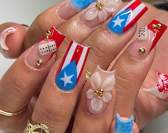 Custom Puerto Rico Flag Press on Nails | 3D Hibiscus Flower & Domino Nails | Luxury Boricua Pride Nail Art | Handmade Reusable False Nails