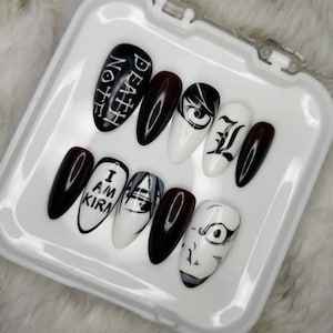 Death Note Press On Nails | Anime Manga Nails | I Am Kira and L Character Art | Black and White Gothic Style Glue On Set | Gift for her