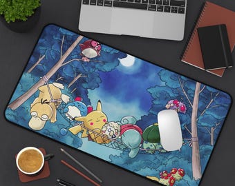 Sleeping Anime Friends Large Gaming Mouse Pad | Cozy Night Forest Extended Keyboard Mat | Bulbasaur Squirtle Desk Mat | Gift for Him Her