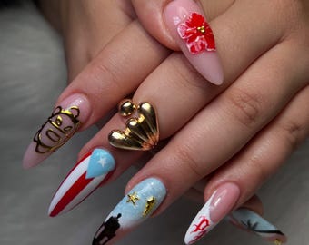 Boricua Puerto Rico Press On Nails | Puerto Rico Flag Nail Art | El Morro Garita Beach Nails | Gold Taino Custom Nails Long Almond Stiletto