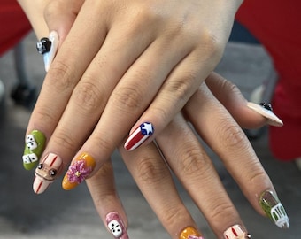 3D Puerto Rico Press On Nails | Hibiscus Boricua Nail Art | Almond Fake Nails | Puerto Rican Flag 3D Coqui Domino | Gift For Her
